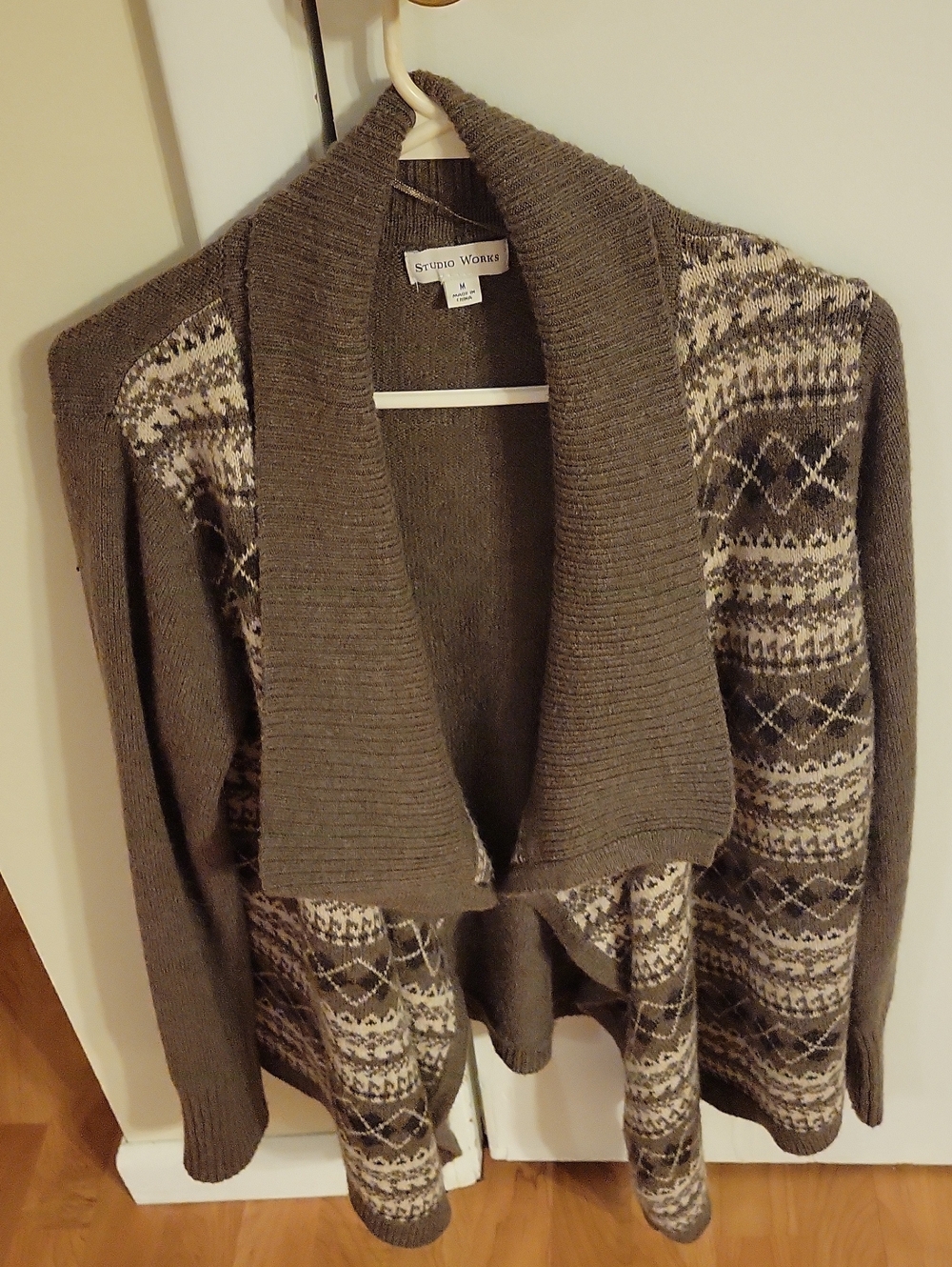 Studio Works Taupe and Cream Shawl Collar Fair Isle Cardigan